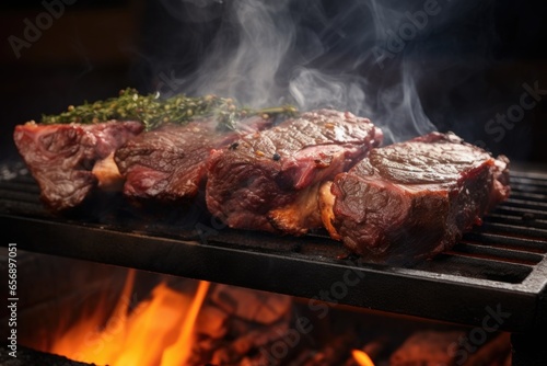 beef ribs sizzling on a grill with billowing smoke