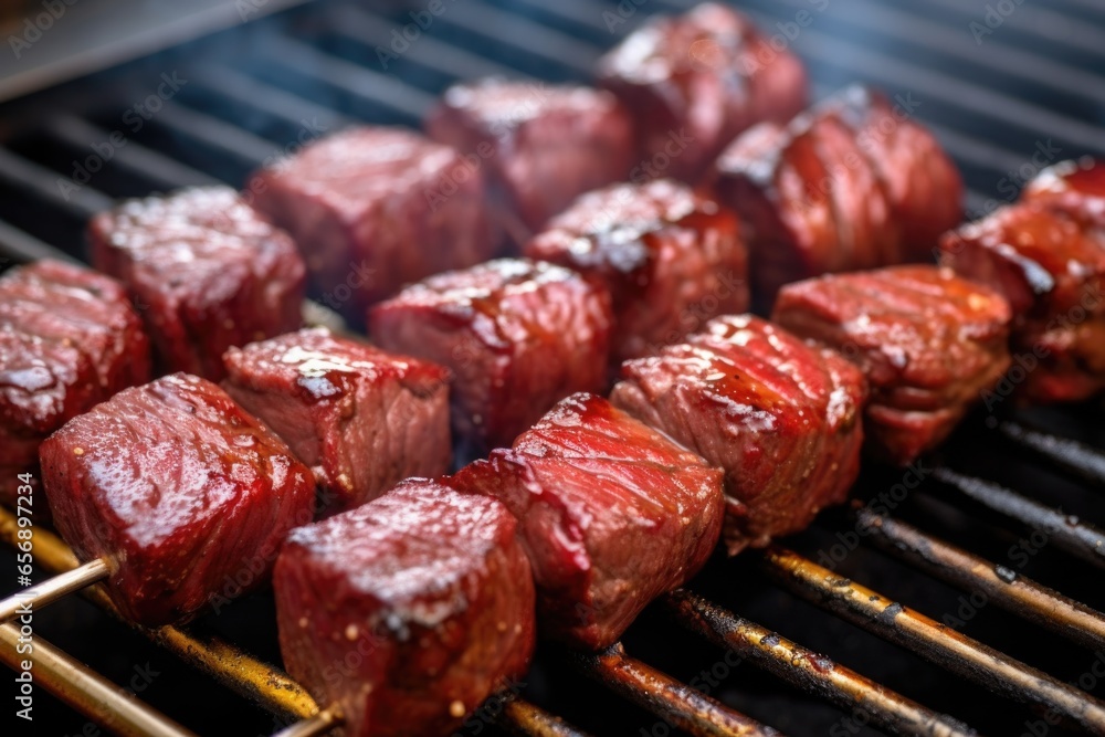 cuts of marinated beef lined up on a grill