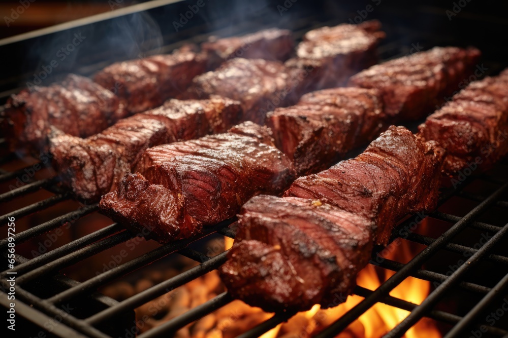 beef briskets arranged on a smoker grill beef briskets arranged on a smoker grill