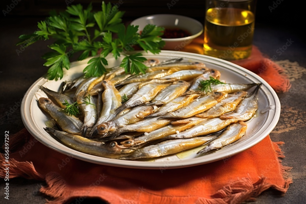 boquerones marinated white anchovies on a textured ceramic plate boquerones marinated white anchovies on a textured ceramic plate