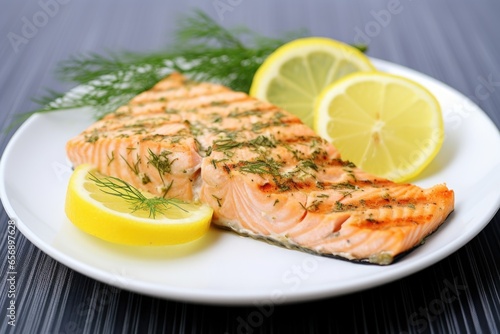 grilled salmon fillet with dill and lemon on a plate