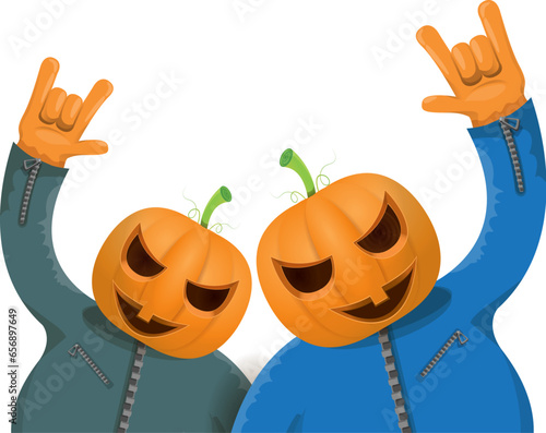 Man in halloween costume with pumpkin mask isolated on white background. Happy Halloween rock n roll party background and poster design template with funny Halloween cartoon character.