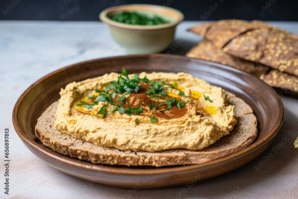 slathering bread with hummus for tempeh sandwich slathering bread with hummus for tempeh sandwich