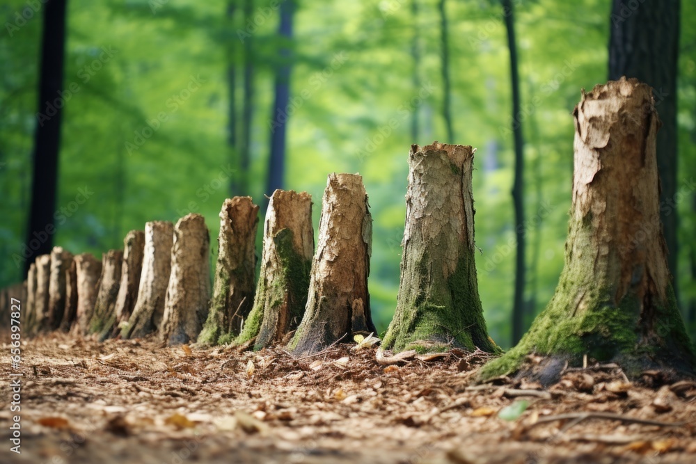 a row of tree trunks showing various stages of growth - obrazy, fototapety, plakaty 