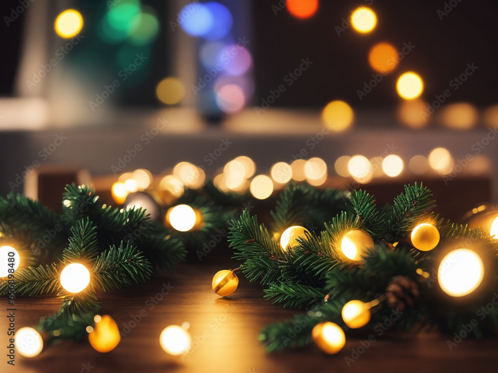 Christmas tree branches with garland lights on wooden table against blurred background. Christmas tree branches with garland lights on wooden table against blurred background.