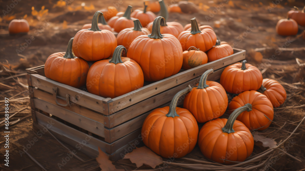 The pumpkins in a wooden box on a pumpkin patch farm fall autumn season.ai generated The pumpkins in a wooden box on a pumpkin patch farm fall autumn season.ai generated