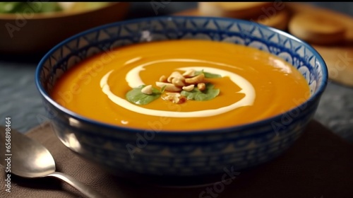 A bowl of rich and creamy sweet potato bisque with a drizzle of maple syrup.