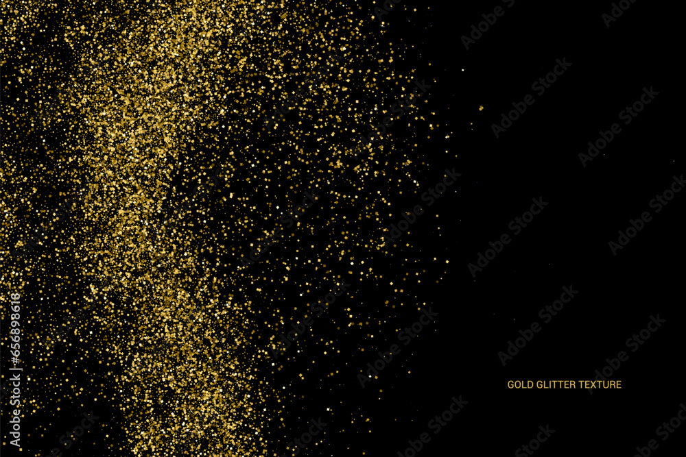 Gold Glitter Texture Isolated On Black. Goldish Color Sequins. Celebratory Background. Golden Explosion Of Confetti. Vector Illustration, Eps 10.