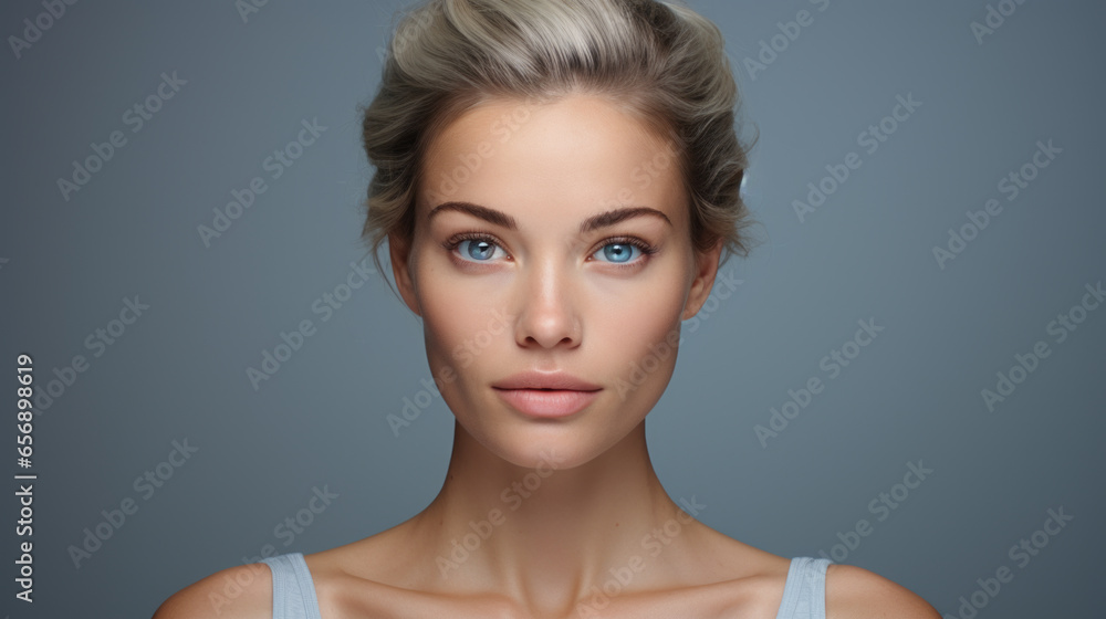 Beautiful woman with perfect smooth skin over clean background. - obrazy, fototapety, plakaty 