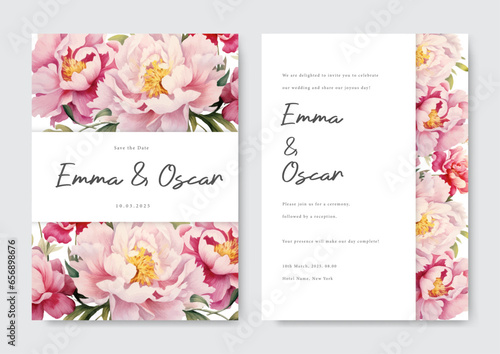 wedding invitation template with beautiful watercolor pink flower