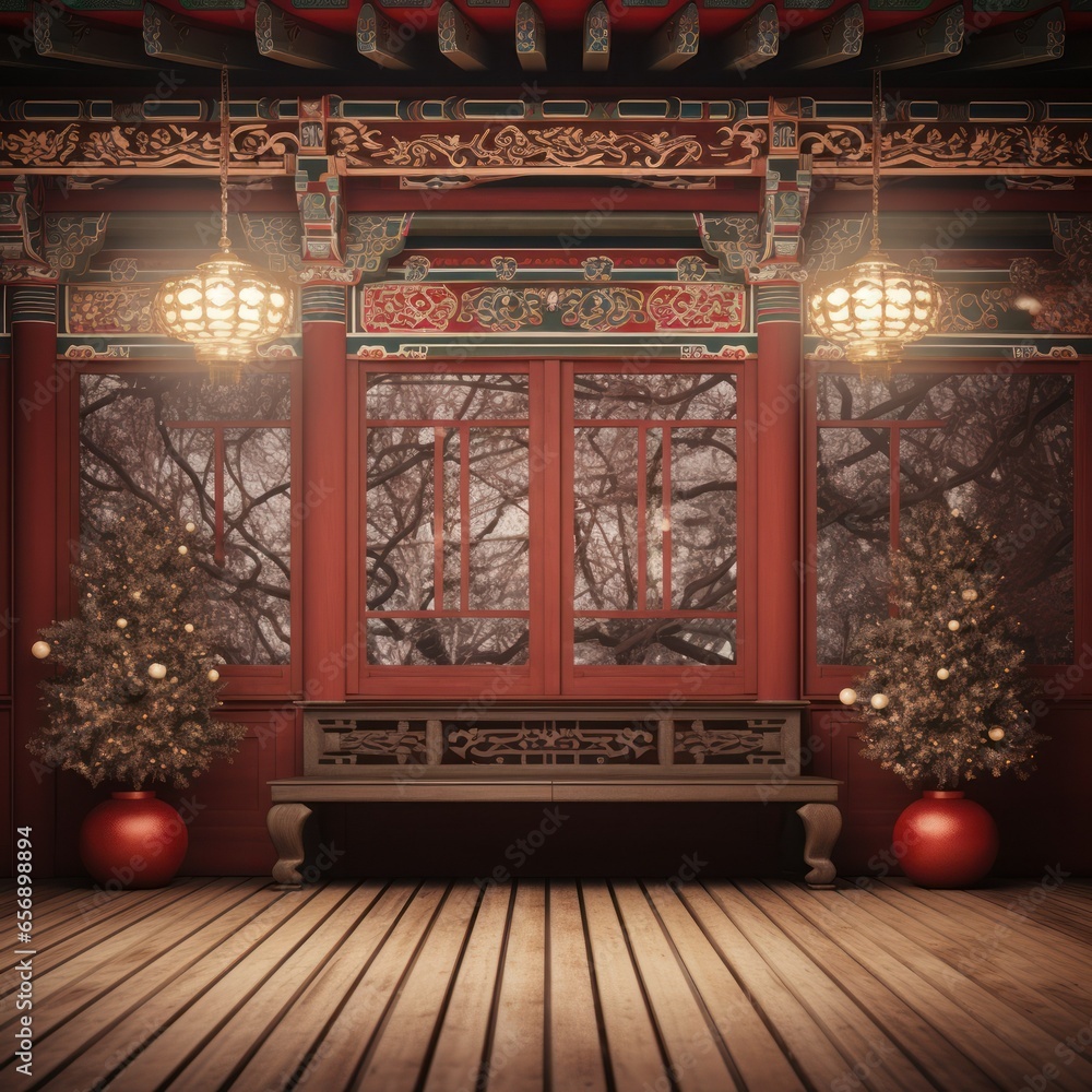 Traditional asian house in christmas winter backdrop, copy space for product representation, Traditional korean house , generative ai