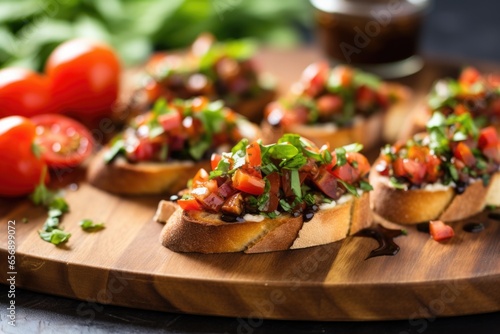serving bruschetta on wooden board lined with parchment paper