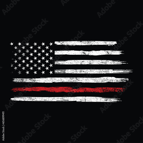 Distressed Thin Red Line American Flag T-Shirt Vector Design, Grunge usa Firefighter with thin red line shirt.	