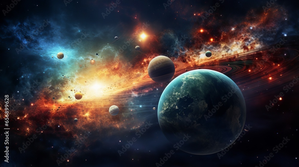 Obraz premium A starry sky and a solar system: a sunrise over a group of planets in outer space