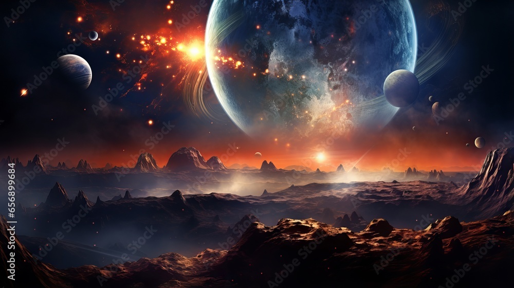 A starry sky and a solar system: a sunrise over a group of planets in outer space