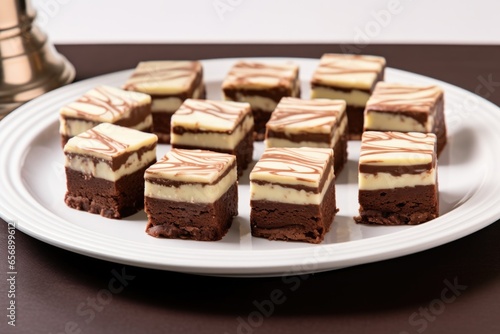 square cut brownies arranged in a row on a serving plate