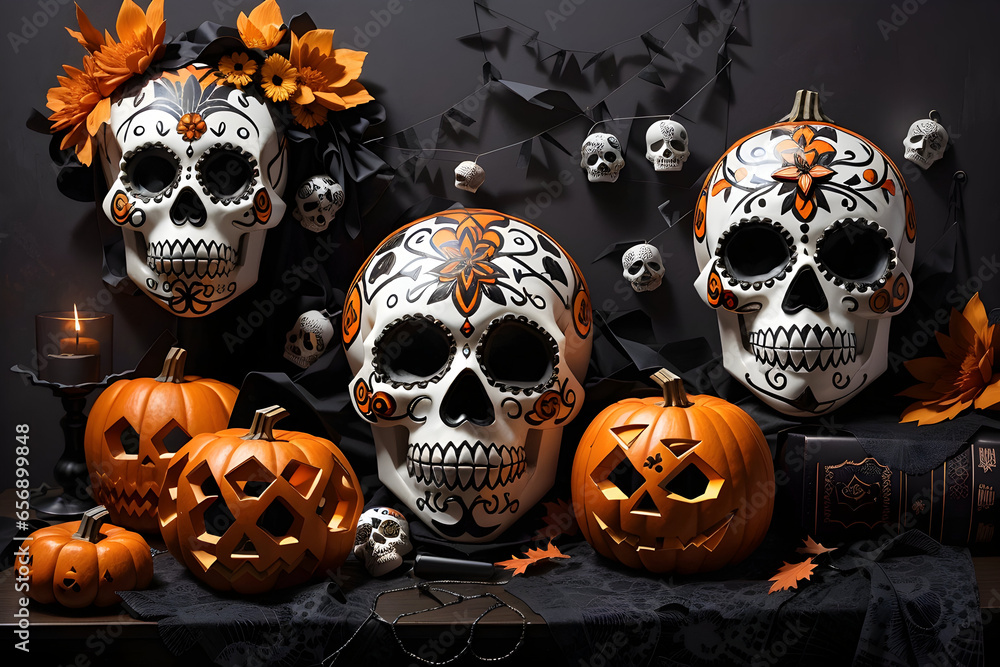 Spooky sugar skulls merge with Halloween, cobwebs, bats, and jack-o'-lanterns, creating a unique and eerie artwork Spooky sugar skulls merge with Halloween, cobwebs, bats, and jack-o'-lanterns, creating a unique and eerie artwork