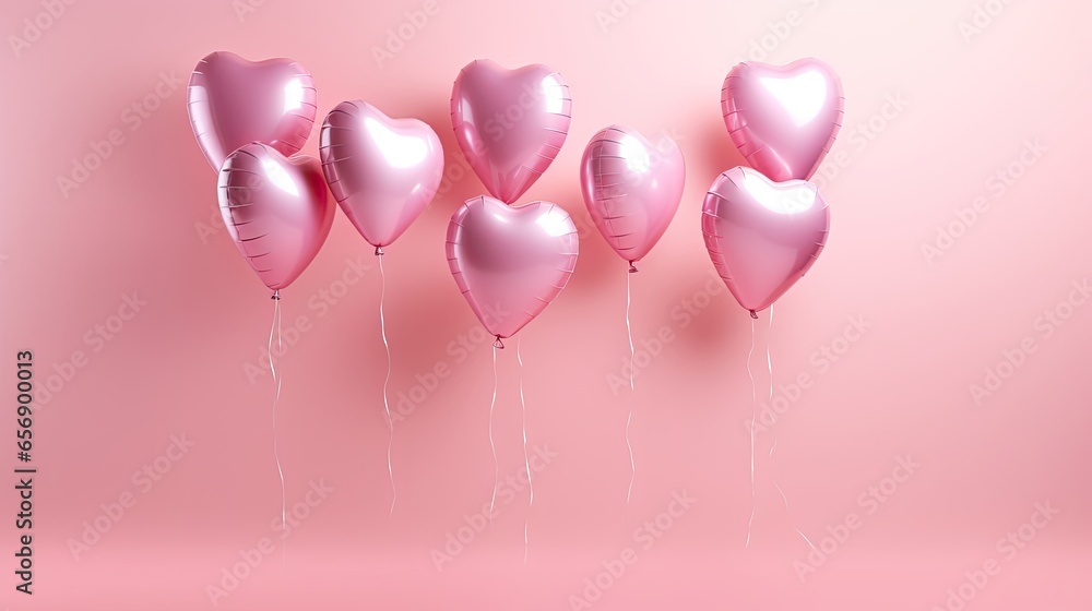 pink hearts shaped balloons on pink background (generative AI)