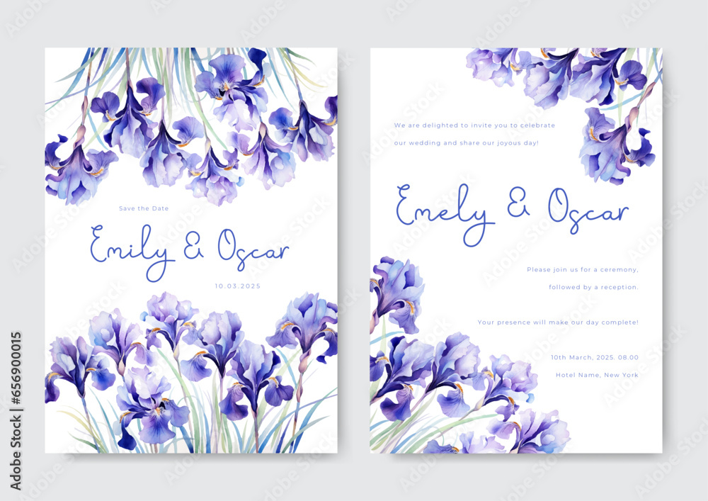 Purple flower wedding invitation template watercolor with floral