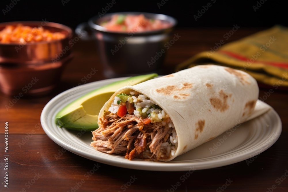 juicy pulled pork burrito on a rustic ceramic plate juicy pulled pork burrito on a rustic ceramic plate