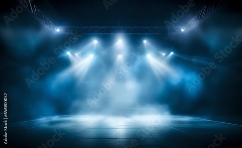 Blue illuminated stage with scenic lights and smoke.