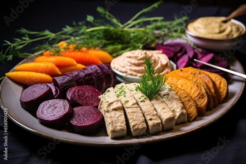 a platter of vegan gefilte fish with horseradish