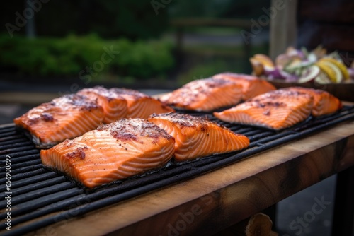 salmon fillets on a cedar plank, next to a bbq pit
