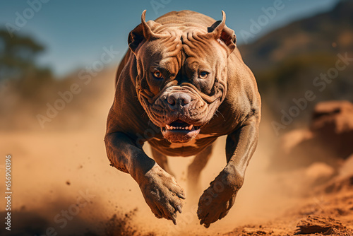 Aggressive pitbull dog run close with opened mouth and show teeth frontal photo