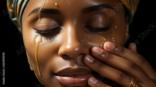 closeup portrait of black woman applying serum on her face © apratim