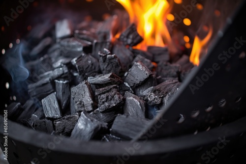 close-up of charcoals lit in a metal chimney starter