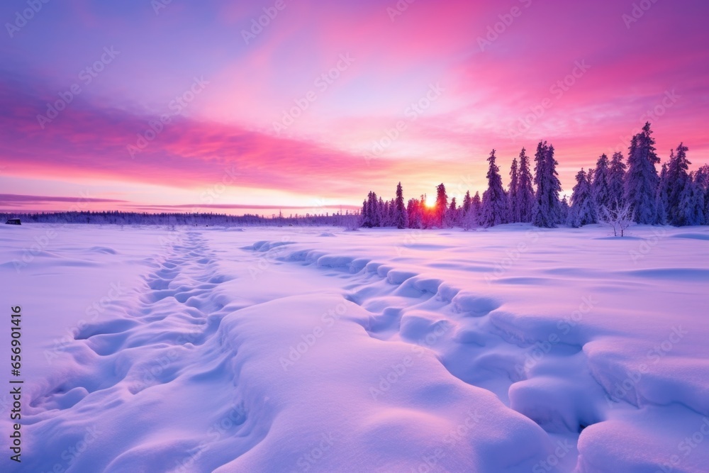 purple and pink hues on snow during sunset