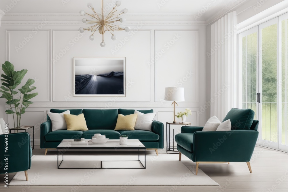 Fototapeta premium Interior mockup with picture frame on a Wall. Living room with sofa and painting on a wall