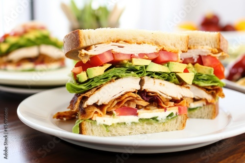cross-section of a chicken club sandwich on a white plate