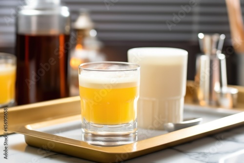 whiskey sour on a tray with whisky bottles in the background