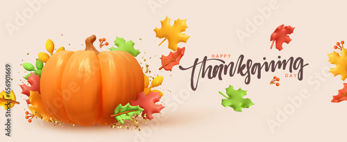 Thanksgiving day banner. Festive background with realistic 3d cartoon orange pumpkins, fall foliage of maple. Horizontal holiday poster, header for website. Flat top view. Vector illustration