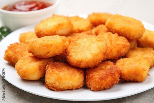 close-up of chicken nuggets on a plain white plate