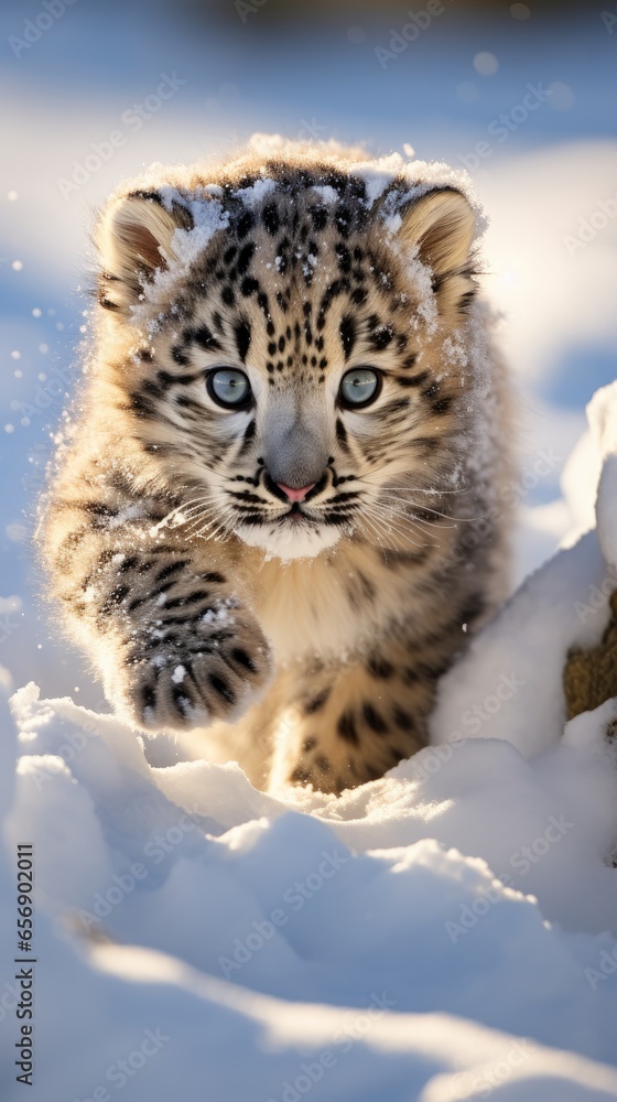 Fototapeta premium snow leopard cub crawling across the snow (generative AI)