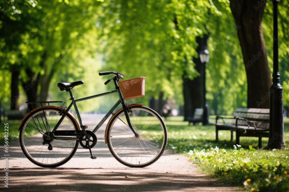 Fototapeta premium a bicycle parked near a green park bench