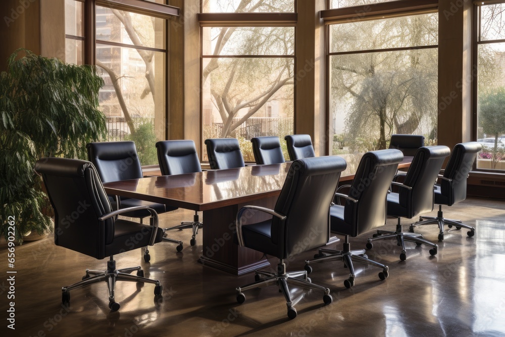 a group of office chairs surrounding a long conference table