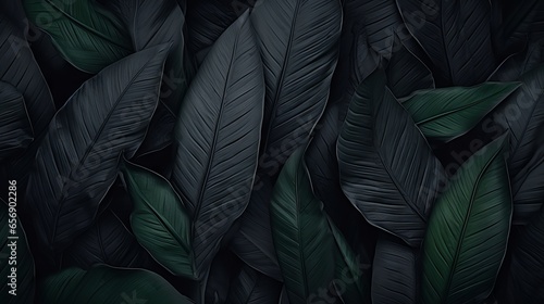 Abstract black leaves on dark background  a flat lay texture of tropical nature