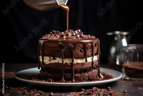 pouring hot fudge over a layered chocolate cake photo