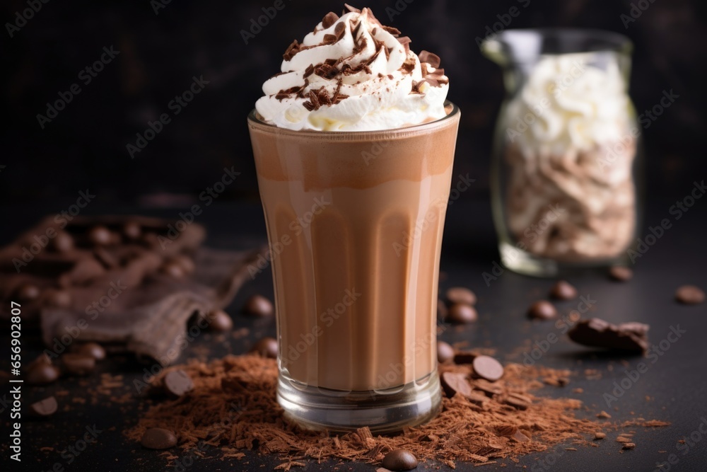 chocolate shake with dusting of cocoa on whipped cream chocolate shake with dusting of cocoa on whipped cream