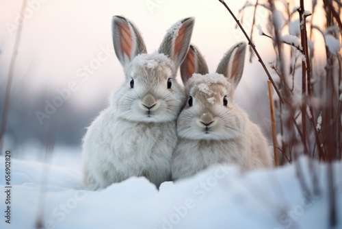 two rabbits huddling closely on a snowy field
