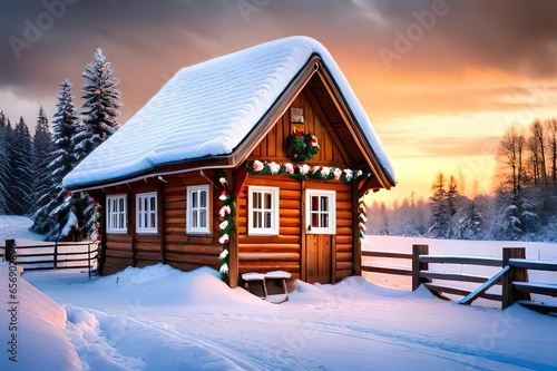 Weihnachten, verschneites Dorf im Abendlicht