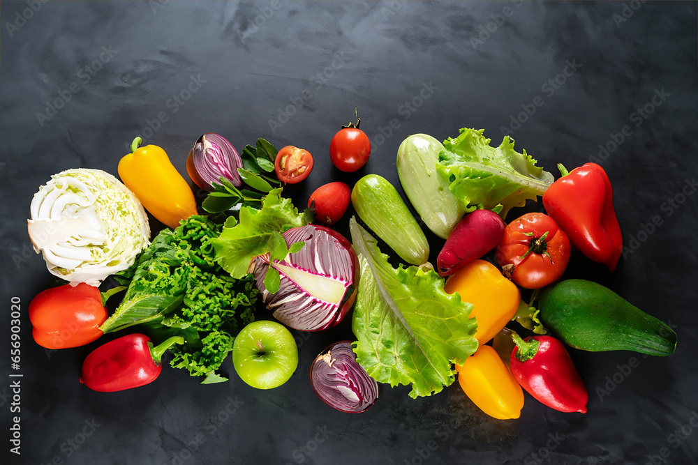 Healthy food. Vegetables and fruits on a black background.