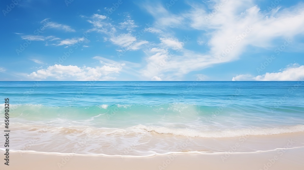 Relaxing and inspiring seascape of sky and sea: a panoramic view of a tropical beach with a wide horizon - obrazy, fototapety, plakaty 