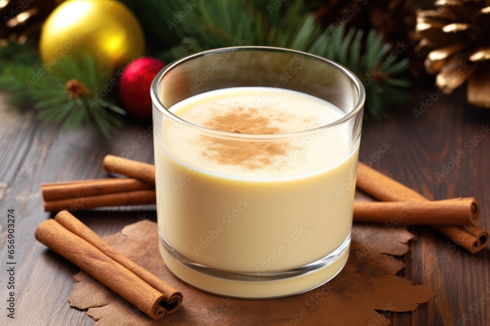 eggnog in a clear glass with cinnamon stick eggnog in a clear glass with cinnamon stick