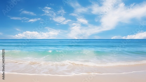 Relaxing and inspiring seascape of sky and sea: a panoramic view of a tropical beach with a wide horizon