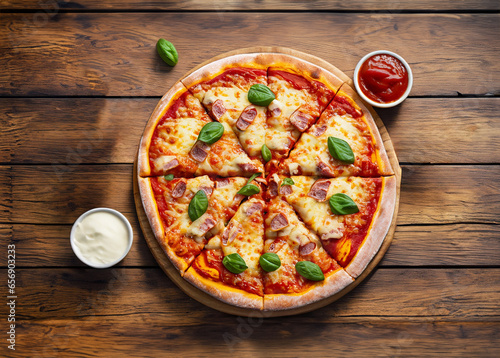 Top view Pepperoni Pizza with cheese, salami, pepper and ketchup on the wooden background. Italian pizza