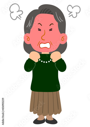 怒る緑のセーターを着たシニアの女性　全身
